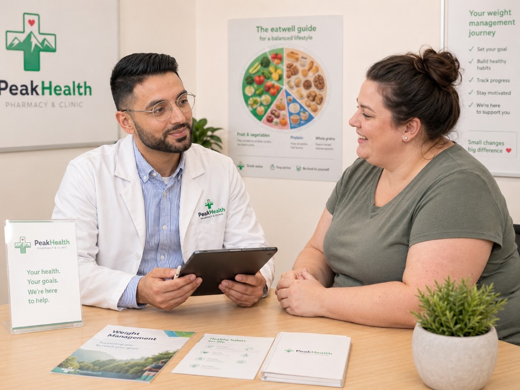 Pharmacist discussing a weight management plan with a patient at PeakHealth Pharmacy, Easterhouse